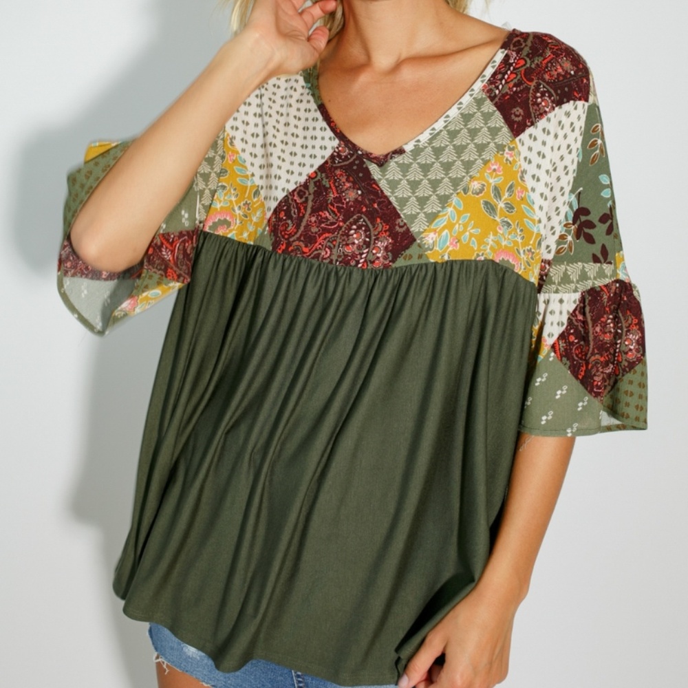 **LAST ONE**Olive Color-Block Paisley Baby Doll Top - Picture 3 of 7